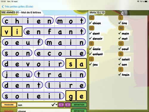 jeu éducatif Mots cachés et définitions
