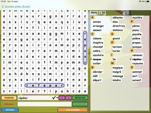 jeu éducatif Mots cachés et définitions